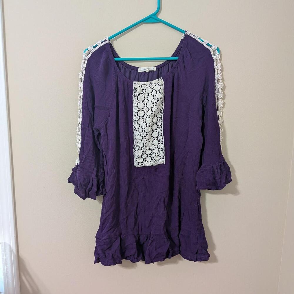 Indigo Soul Boho Hippie Purple Crochet Lace Fairycore Bell Sleeve Top Sz S